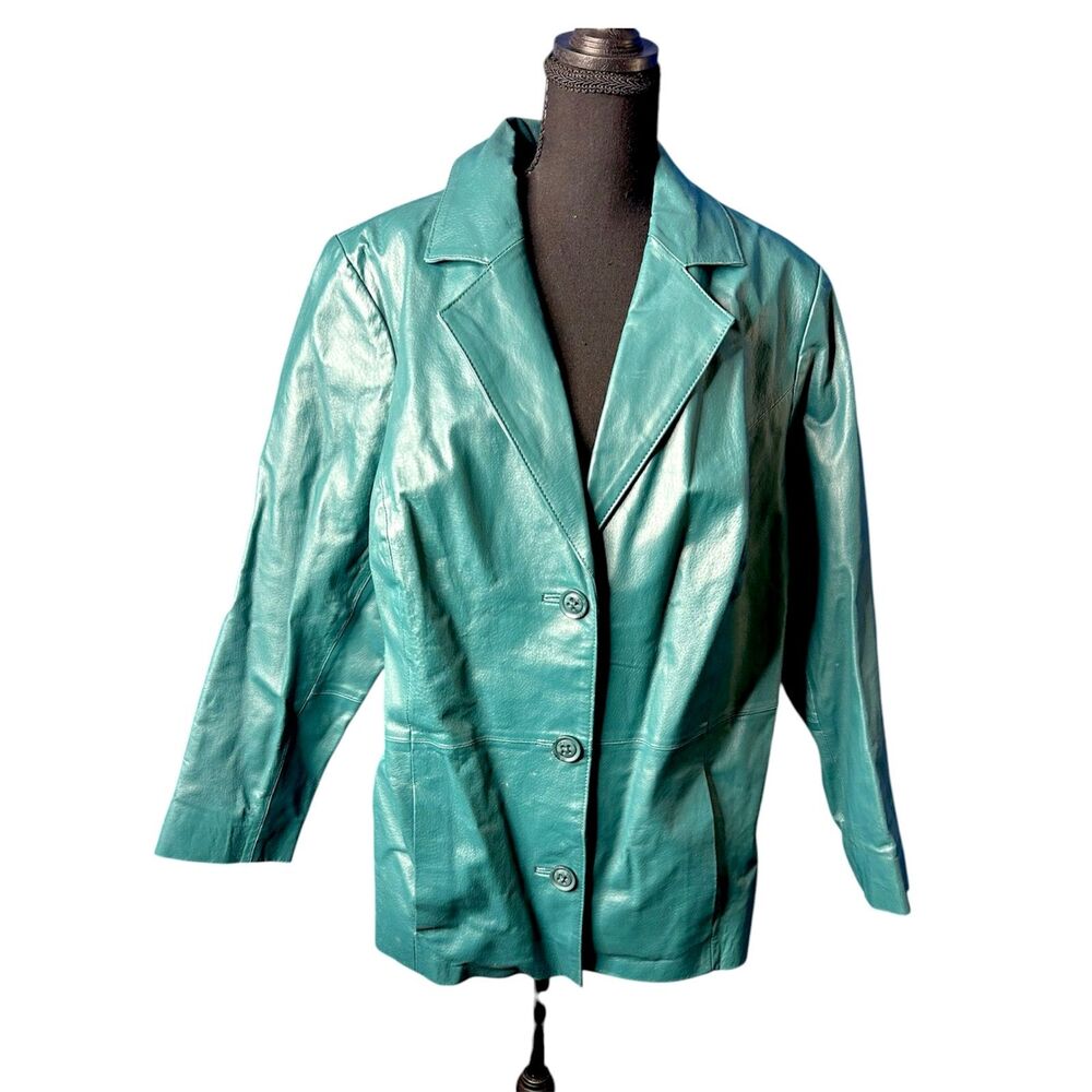 Vtg Jessica London Womens Teal Leather Blazer Jacket Sz 18 Biker Edgy Rocker